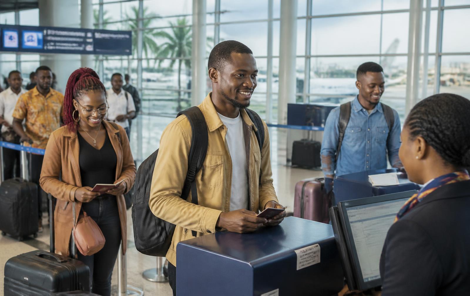 Young African students checking in at Douala International Airport